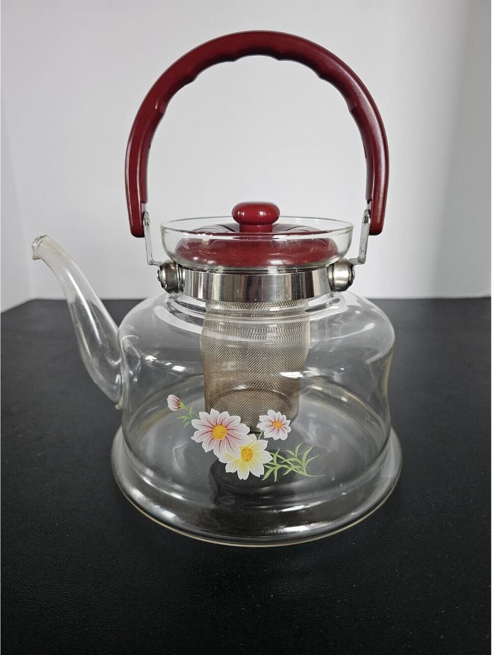 Vintage Cottage Glass Tea Pot Flowers, Infuser, Red Handle